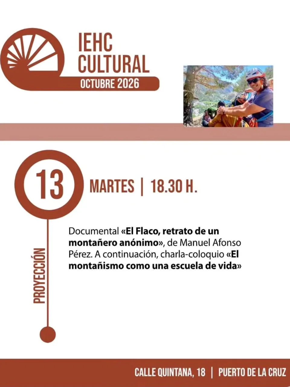 Documental 'El Flaco' y Coloquio: El montañismo como escuela de vida — Talleres y Formación en Puerto de la Cruz, Tenerife