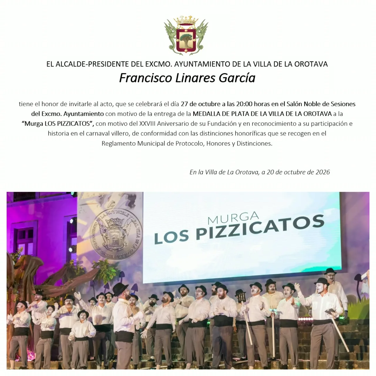 La Orotava Presents Silver Medal to Murga Los Pizzicatos — Workshops & Training in La Orotava, Tenerife